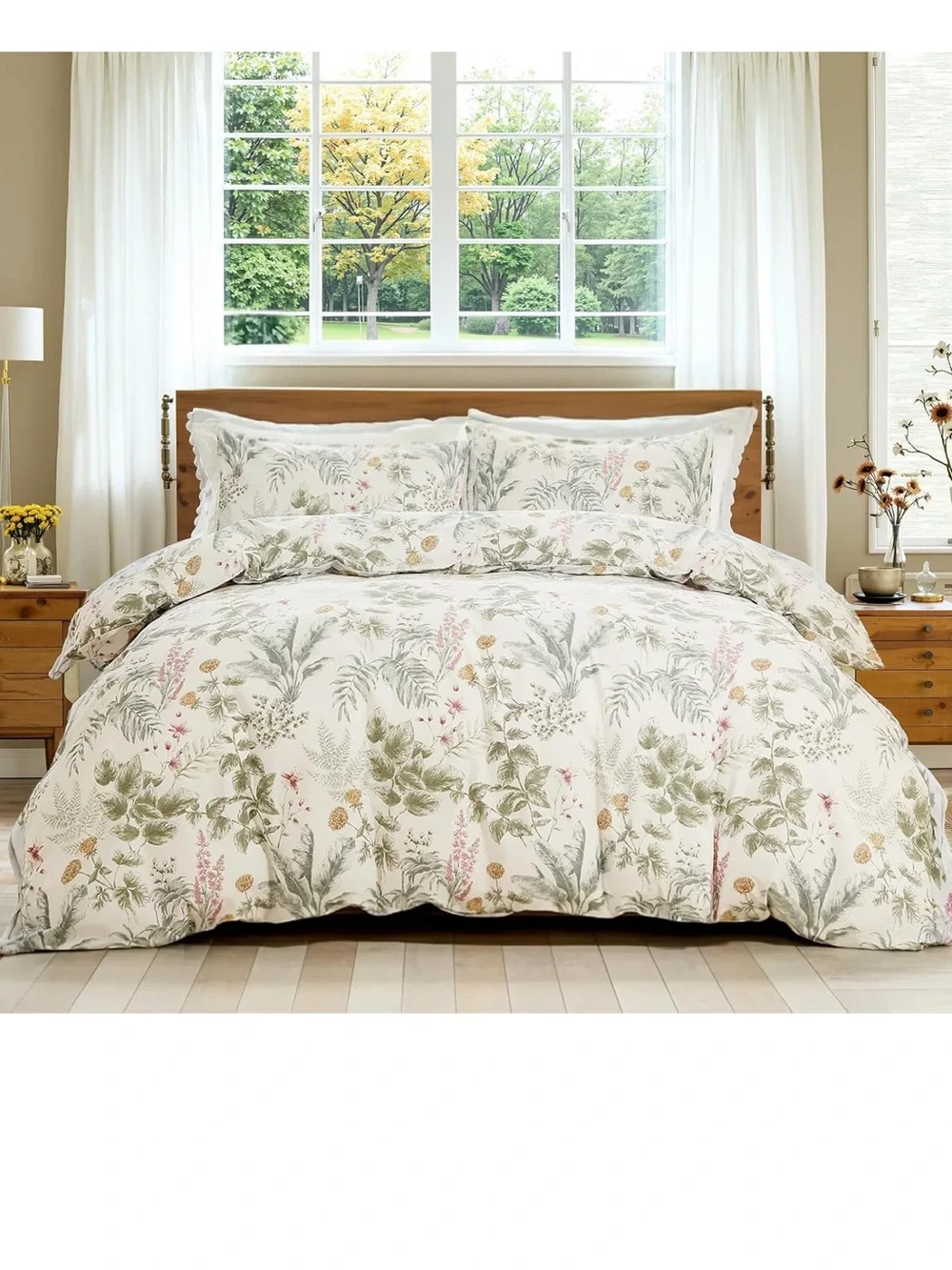100% Cotton Duvet Cover Queen Size Sage Green Floral Duvet Set Reversible